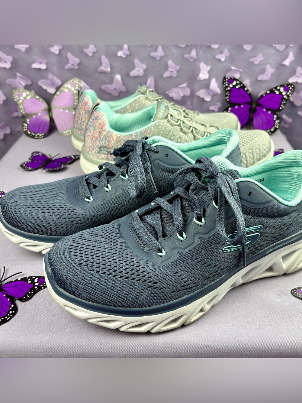 Skechers Women's Navy with Mint Lining and Gray with Mint Lining Sneakers
